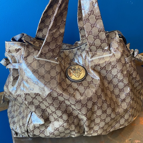 Gucci Top Handle Hysteria Bag Crystal Coated Large Beige Patent Gg Canvas Tote - Picture 3 of 12